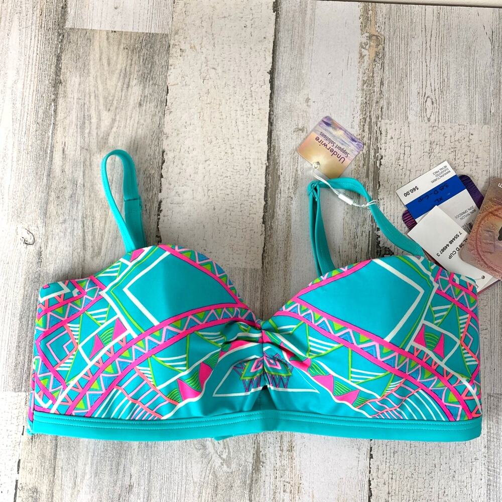 Coco Rave Womens XL 38D Teal Aztec Bikini Top Tassel Tie Boho NWT